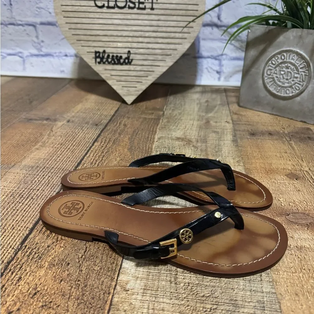 Tory Burch black patent leather mini logo sandals